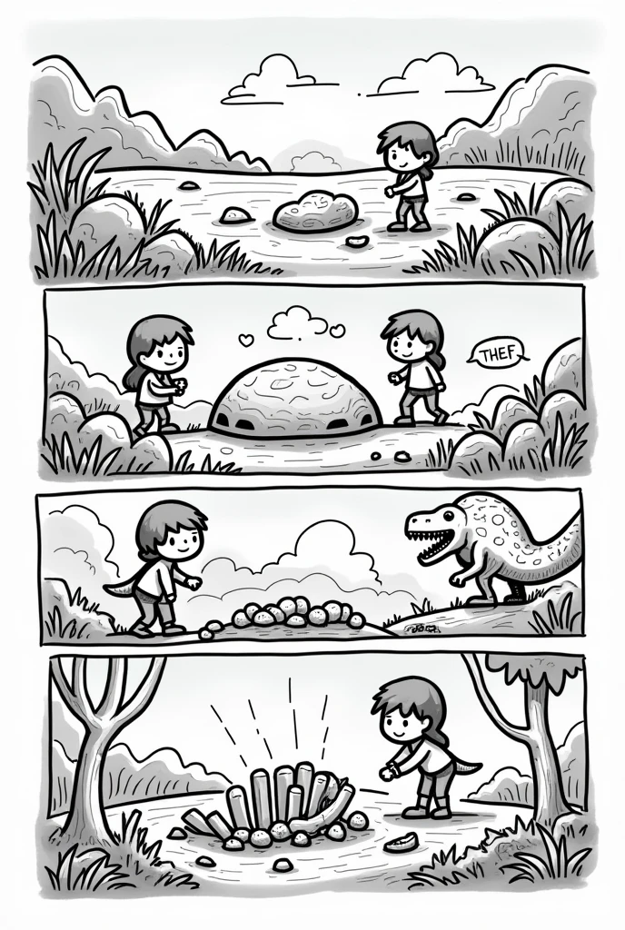 Make a childish comic strip without color drawing only about dinasour fossils

