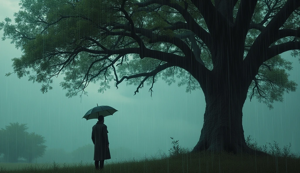Here's a detailed prompt for the image you described:
"A man stands under a large tree, holding an umbrella in one hand. The tree's branches are wide, providing partial cover, but the rain is falling heavily from a cloudy sky. The man is dressed in a dark coat and looks up at the sky, as raindrops fall around him. The scene captures the contrast between the shelter of the tree and the relentless downpour from the sky, creating a calm yet dramatic atmosphere."