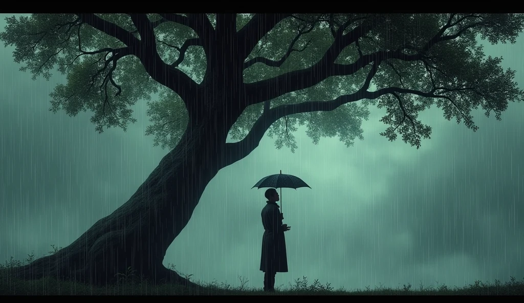 Here's a detailed prompt for the image you described:
"A man stands under a large tree, holding an umbrella in one hand. The tree's branches are wide, providing partial cover, but the rain is falling heavily from a cloudy sky. The man is dressed in a dark coat and looks up at the sky, as raindrops fall around him. The scene captures the contrast between the shelter of the tree and the relentless downpour from the sky, creating a calm yet dramatic atmosphere."