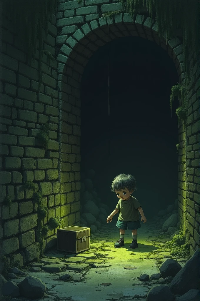 **Prompt**: An eerie, abandoned well with moss-covered bricks, and a child reaching out to find a hidden box behind a loose tile.