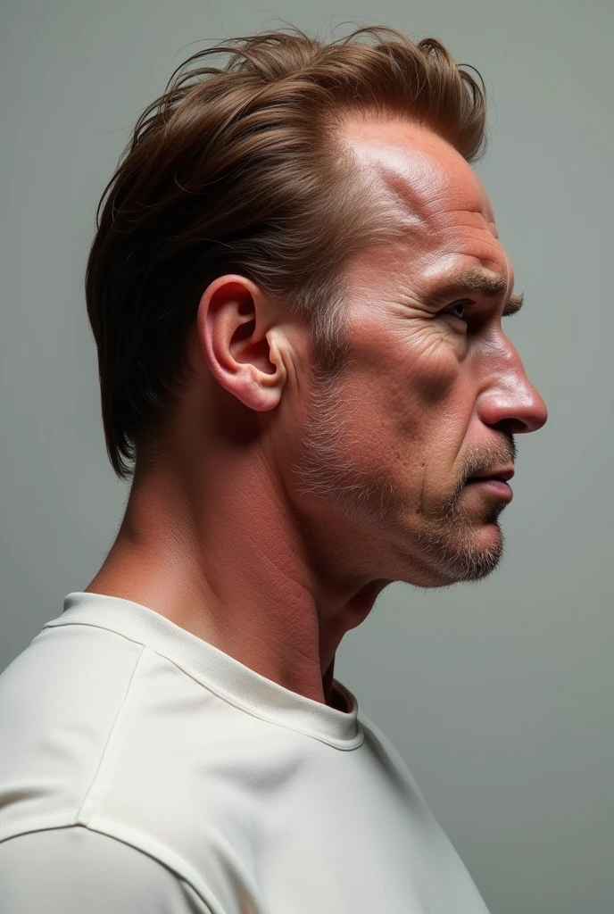 Photorealistic image capturing the exact right profile of Arnold Schwarzenegger. The image should be highly detailed, showing the full side view of the face, including the ear, jawline, and neck, with accurate anatomical proportions. The subject is positioned with their head facing forward and perpendicular to the camera, under soft, even lighting to minimize shadows. The background is neutral, and the camera is set at eye level with a telephoto lens to avoid distortion. The resulting image should be suitable for precise anatomical measurements.
