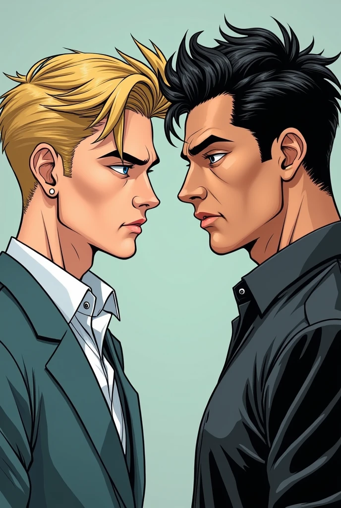 two guys. One has blonde hair and blue eyes, one has black hair and black eyes. Still at student age,drawn in a somewhat mature comic style.