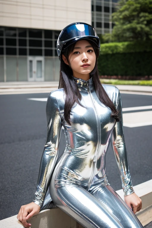 A Japanese girl posing in a silver metallic catsuit, helmet and oxygen tank