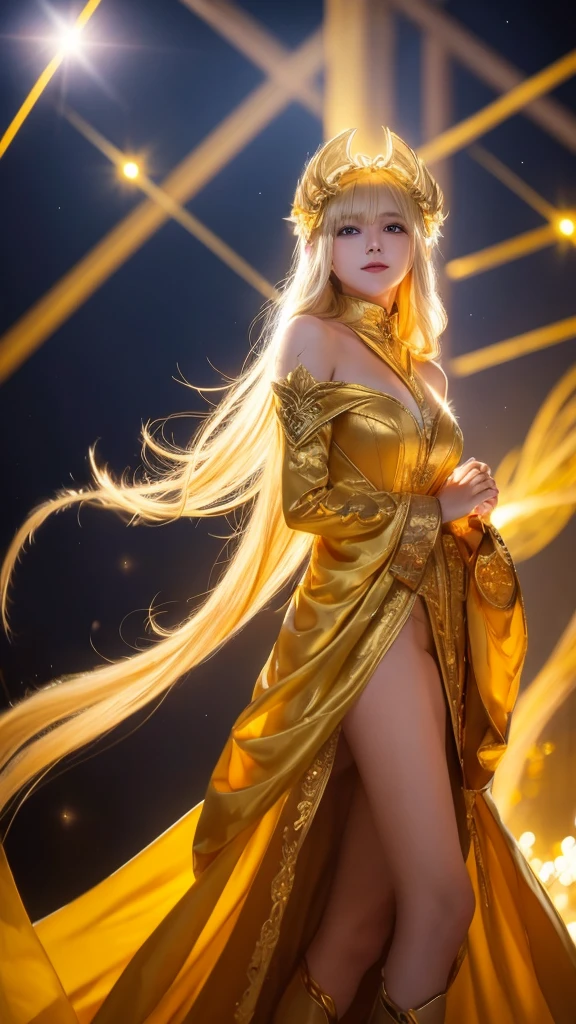 girl, Flowing golden blonde hair, Yellow Eyes, Golden Imperial Costume, Neckline, anime, In the background is a clear sky with sparkling lights, Dynamic Angle, Arrogant Laugh