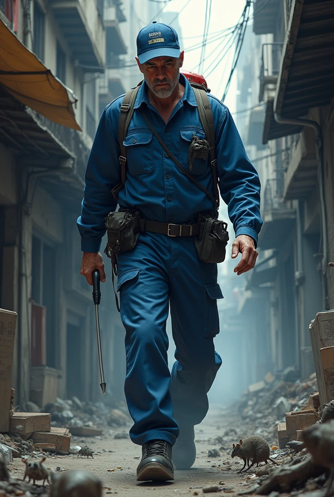 Post about urban pest control, a man in a blue uniform slays cockroaches, rats and mosquitoes