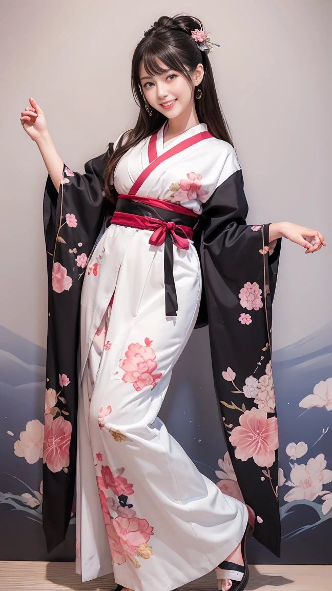 (SeaArt creates stunning illustrations of beautiful women in kimono)、Vividly colored Japanese Ukiyo-e style illustrations、A beautiful woman smiles and shows her upper white teeth、Brown-black long hair、Beautiful full body style、If you want to dance, let's dance, Tokyo Ondo, Yoi Yoi、Beautiful new digital paintings,、Bright vibrant digital anime art、 Beautiful anime portraits、background,Torii gate front of Japanese shrine、 Detailed digital anime art、