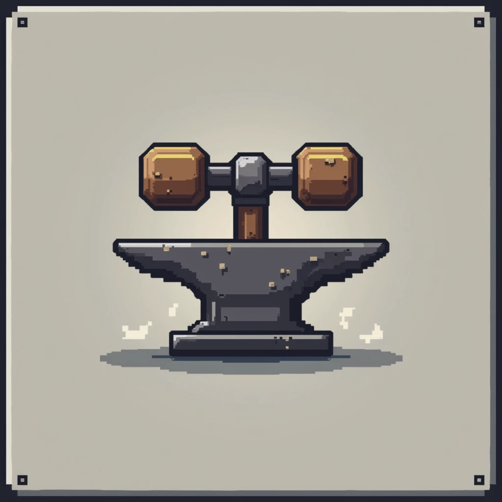 Pixelated forging hammer and anvil icon, minimalist design, retro 8-bit style, monochromatic color scheme, clean lines, simplistic yet bold, perfect for a modern logo