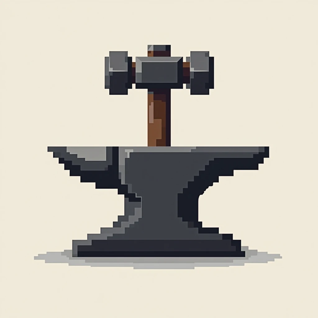 Pixelated forging hammer and anvil icon, minimalist design, retro 8-bit style, monochromatic color scheme, clean lines, simplistic yet bold, perfect for a modern logo