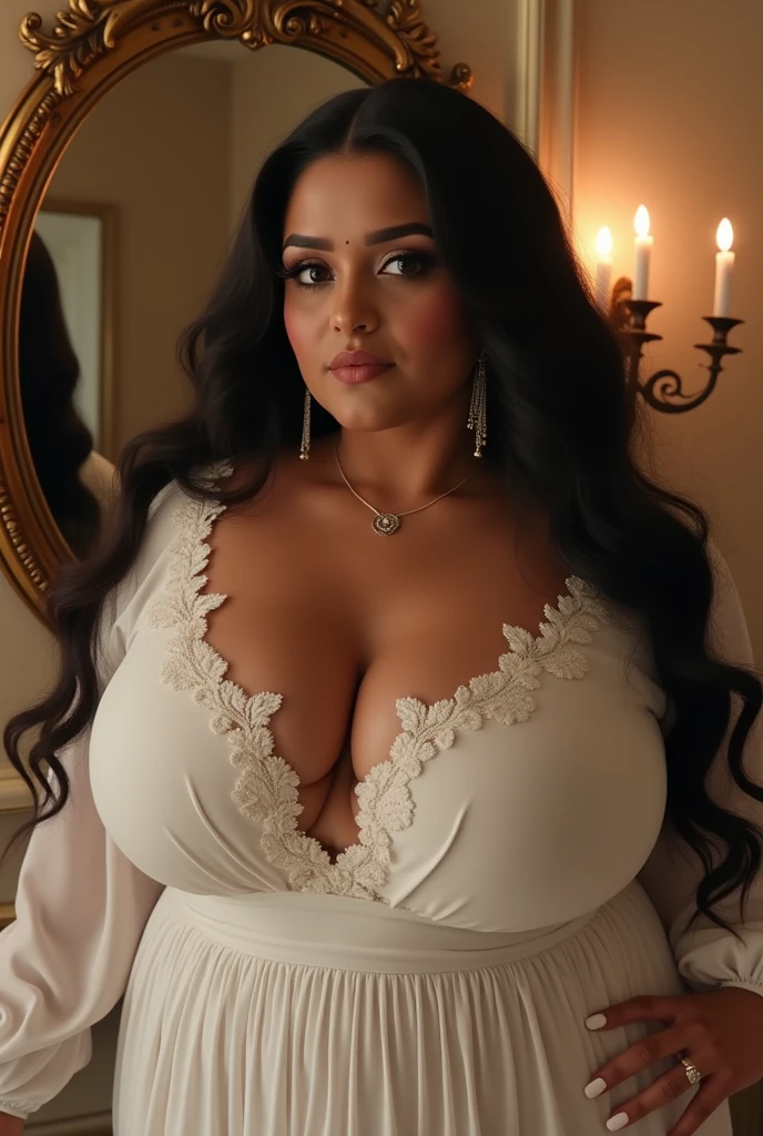 Sultry Plus-Size Curvy Busty Desi Aunty with Boob Cleavage : A glamorous Indian woman with long, flowing hair and a flawless complexion, adorned in an elegant white deep V-neck blouse with intricate lace details. She poses confidently in front of an ornate mirror, her voluptuous figure emphasized by soft, glowing lighting that highlights her curves and flawless makeup.