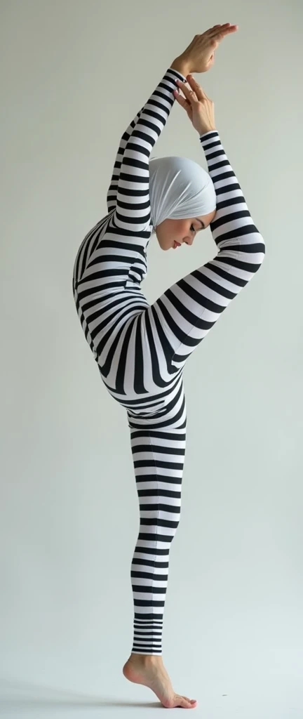 The most beautiful,thin,most pretty and clever malaysian contortion muslimah adult girl wears white lycra turtleneck unitard catsuit covered with black stripes.She always wear white lycra dancewear stretchy square hijab covered with black stripes.She performs as contortionist.Her leg has prisoner leg cuff