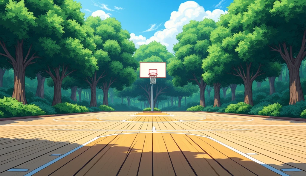 a Japanese outdoor school basketball court. the floor is wooden, the court is empty without any people;  masterpiece, super detailed. close up image, anime art