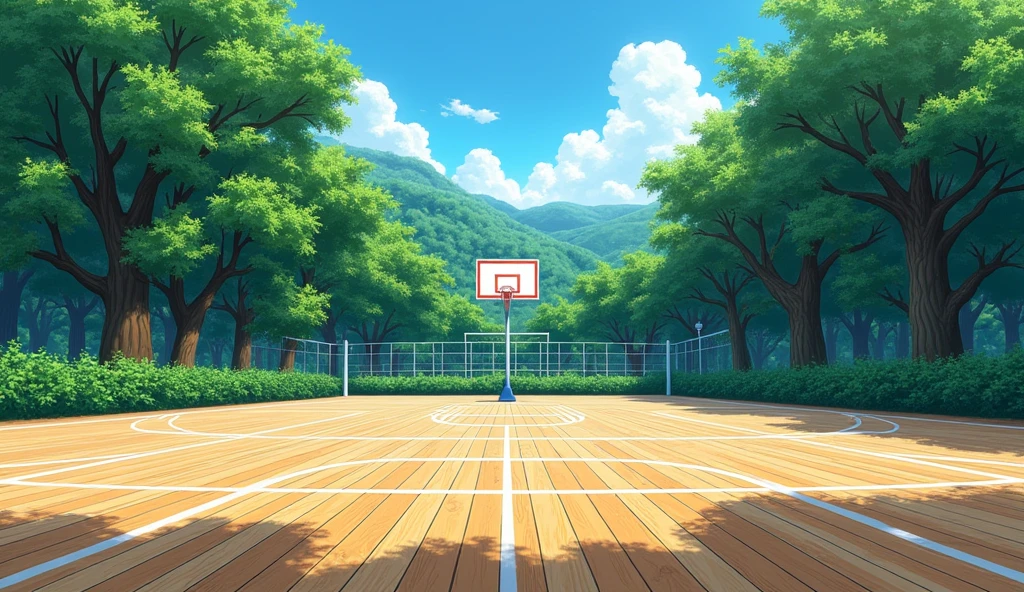 a Japanese outdoor school basketball court. the floor is wooden, the court is empty without any people;  masterpiece, super detailed. close up image, anime art