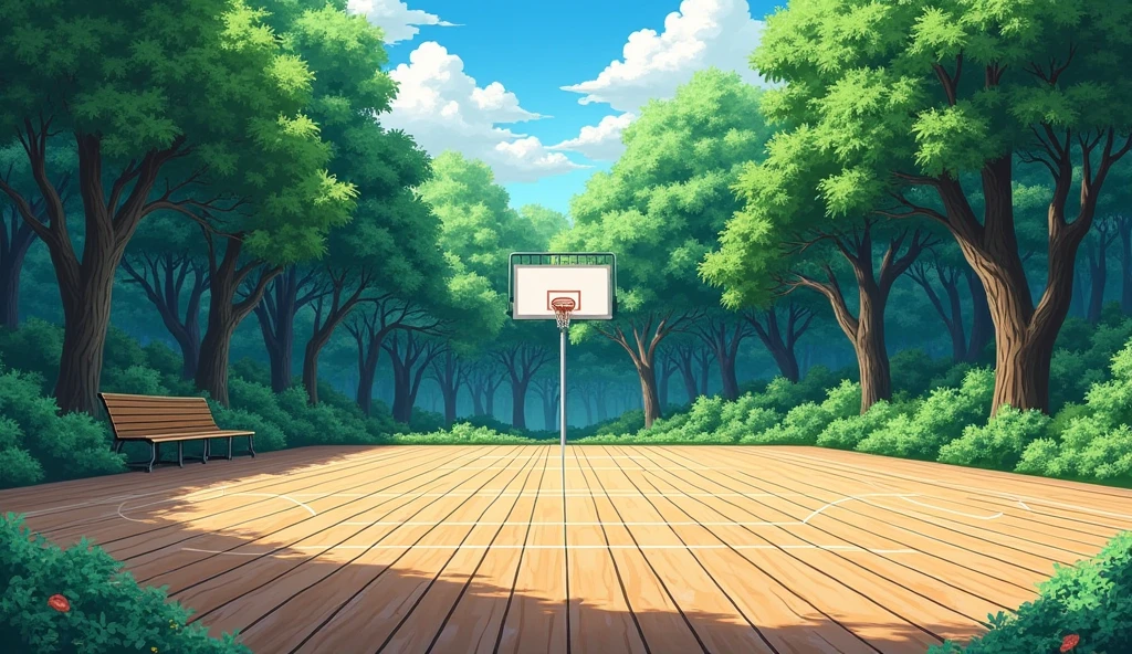 a Japanese outdoor school basketball court. the floor is wooden, the court is empty without any people; masterpiece, super detailed. close up image, anime art