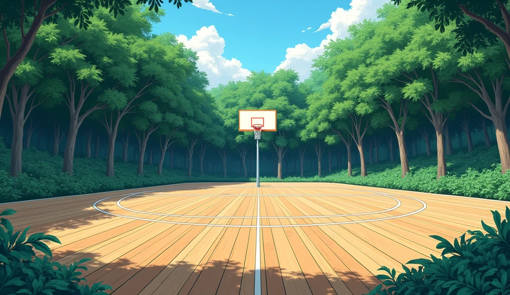 a Japanese outdoor school basketball court. the floor is wooden, the court is empty without any people;  masterpiece, super detailed. close up image, anime art