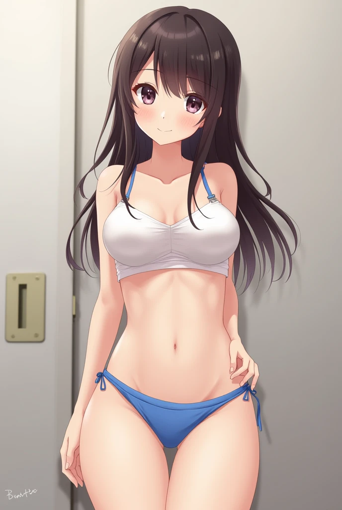 A cute anime girl, Blue underwear, Thigh gap, Big Naked breasts, Revealing nipples