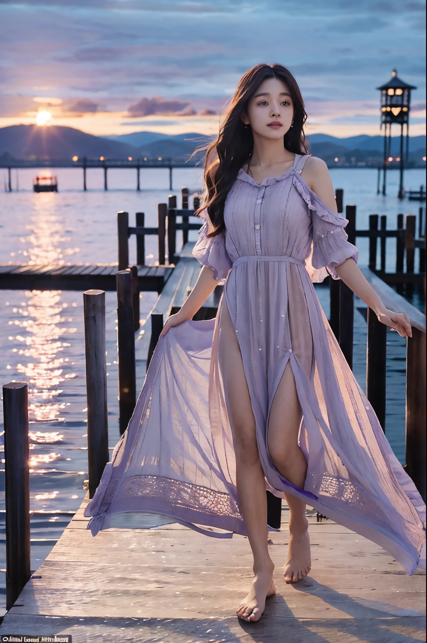 **A woman in a flowing purple dress** standing on a (wooden_pier:1.40) at sunset, with (calm_lake:1.35) reflecting the colors of the sky, (soft_wind:1.30) playing with her hair, (ultra_detailed:1.45).