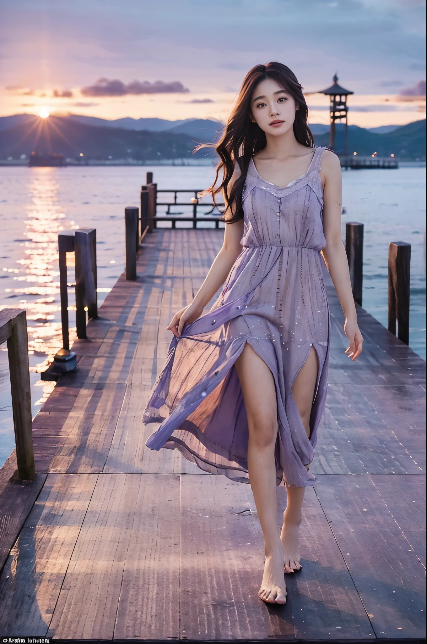 **A woman in a flowing purple dress** standing on a (wooden_pier:1.40) at sunset, with (calm_lake:1.35) reflecting the colors of the sky, (soft_wind:1.30) playing with her hair, (ultra_detailed:1.45).