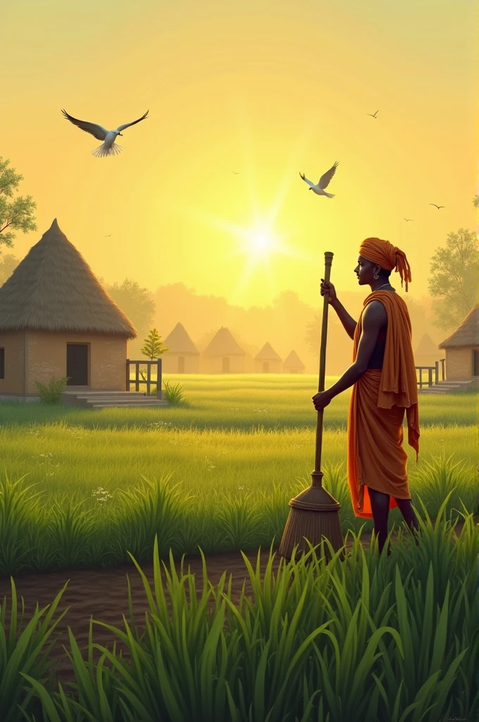 "A peaceful, picturesque Indian village at sunrise, surrounded by lush green fields. The scene shows a diligent farmer named Kishan, dressed in traditional Indian attire, working in his field with simple farming tools. The atmosphere is serene, with golden morning light bathing the fields, and birds flying in the sky. Traditional huts with thatched roofs are visible in the background."