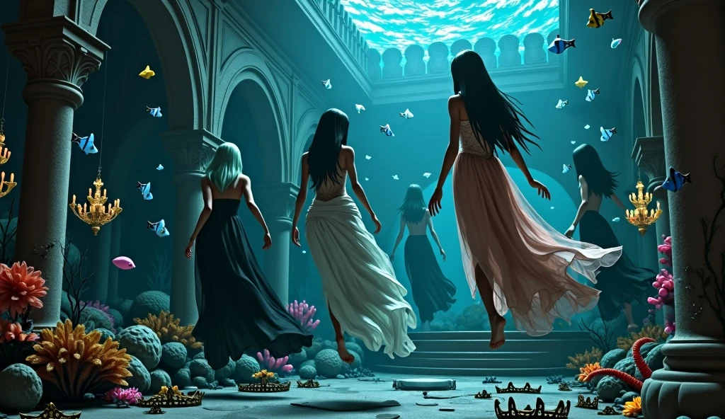 "A full-body shot of a (extra wide angle 1:1) in a dark low light deep sea medeval ballroom in an old gothic palace that has gone under the sea. Super-big ballroom. 2 queen twin sisters curled up and their 5 girlfriends swimming randomly, waiving theyr arms in the sea. Surrounded by coloured fishes. Swimming with body upside down, body posed horizontally, swimming with body posed vertically, swimming down, swimming up. The queens have a big light-colored eyes, black super-long long hair. Their girl-friends have a long hair also blue and green perfect detailed eyes.Their wering black dresses. Pink and gold dresses. Dresses in many layered lace and shiffon torne and ripped. ( perfect hands, five fingers on each hand.) Small breasts cleavage, (hyper realistic perfect eyes 1:1). White perfect skin. Queens surrounded by Perished under-water palace 1:1 Wearing a layered black, white and gold ballroom dresses with lace and shiffon. On the bottom of the sea are golden crowns, adorned with pink crystals 1:1. Bright colourd fishes swimming arround. Corals, seamoss. Octopus. The scene a beautiful empresses dead, their long hair flowing every way, in their face. Sad. (Best Quality Detailed faces)1:1. A medieval fairytale vibe, with a big black intricate throne in a corner with tonns of seamoss and seeweed on it, a broken medeval chandelie scattered all around. In a fantastic scene that uses detaled realistic 3D model. Big gold gothic medieval five armed candlesticks-no light sit on a blacktable on the seafloor, crystal wine glasses on the sea floor broken The entire setup is Best Quality, masterpiece 1:1, capturing the essence of a beautiful dead girls, fantastical gothic setting, Dark deep sea Low lighting under neath. (8K).