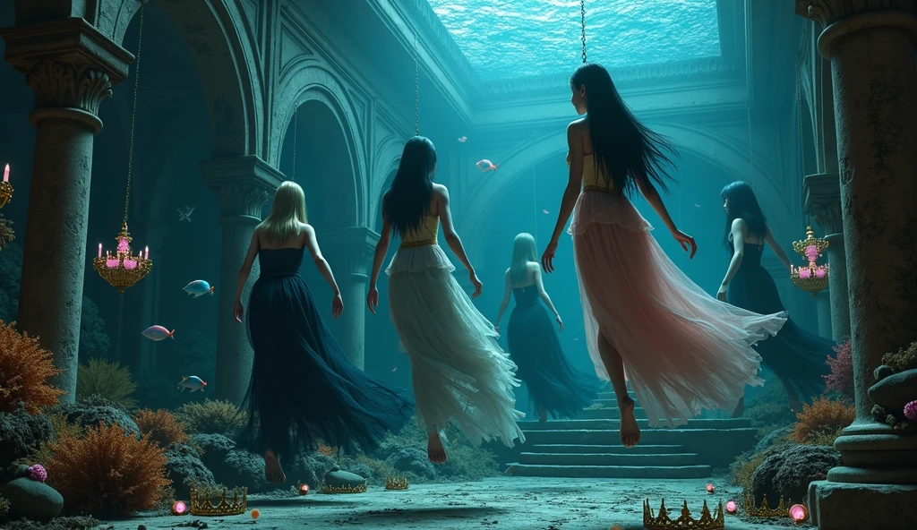 "A full-body shot of a (extra wide angle 1:1) in a dark low light deep sea medeval ballroom in an old gothic palace that has gone under the sea. Super-big ballroom. 2 queen twin sisters curled up and their 5 girlfriends swimming randomly, waiving theyr arms in the sea. Surrounded by coloured fishes. Swimming with body upside down, body posed horizontally, swimming with body posed vertically, swimming down, swimming up. The queens have a big light-colored eyes, black super-long long hair. Their girl-friends have a long hair also blue and green perfect detailed eyes.Their wering black dresses. Pink and gold dresses. Dresses in many layered lace and shiffon torne and ripped. ( perfect hands, five fingers on each hand.) Small breasts cleavage, (hyper realistic perfect eyes 1:1). White perfect skin. Queens surrounded by Perished under-water palace 1:1 Wearing a layered black, white and gold ballroom dresses with lace and shiffon. On the bottom of the sea are golden crowns, adorned with pink crystals 1:1. Bright colourd fishes swimming arround. Corals, seamoss. Octopus. The scene a beautiful empresses dead, their long hair flowing every way, in their face. Sad. (Best Quality Detailed faces)1:1. A medieval fairytale vibe, with a big black intricate throne in a corner with tonns of seamoss and seeweed on it, a broken medeval chandelie scattered all around. In a fantastic scene that uses detaled realistic 3D model. Big gold gothic medieval five armed candlesticks-no light sit on a blacktable on the seafloor, crystal wine glasses on the sea floor broken The entire setup is Best Quality, masterpiece 1:1, capturing the essence of a beautiful dead girls, fantastical gothic setting, Dark deep sea Low lighting under neath. (8K).
