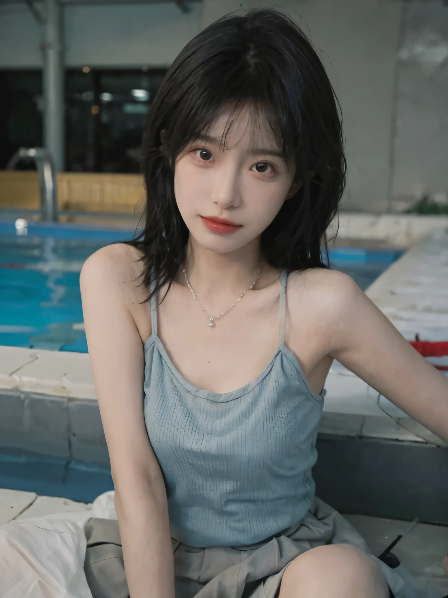 Best quality，Ultra-high resolution,(Realism:1.4)，cute，cute发夹，girll,dress，Hip skirt，Look directly at the audience，Full of atmosphere，Beautiful woman with a slim figure:1.4，swimming pool，whole body，Super delicate face，Exquisite eyes，Double eyelids，necklace