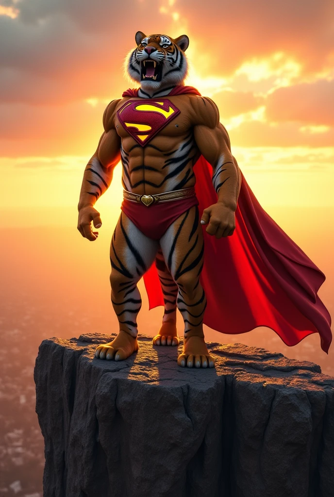 A tiger with superman man suit standing on a cliff during sun set and roaring up in the sky 