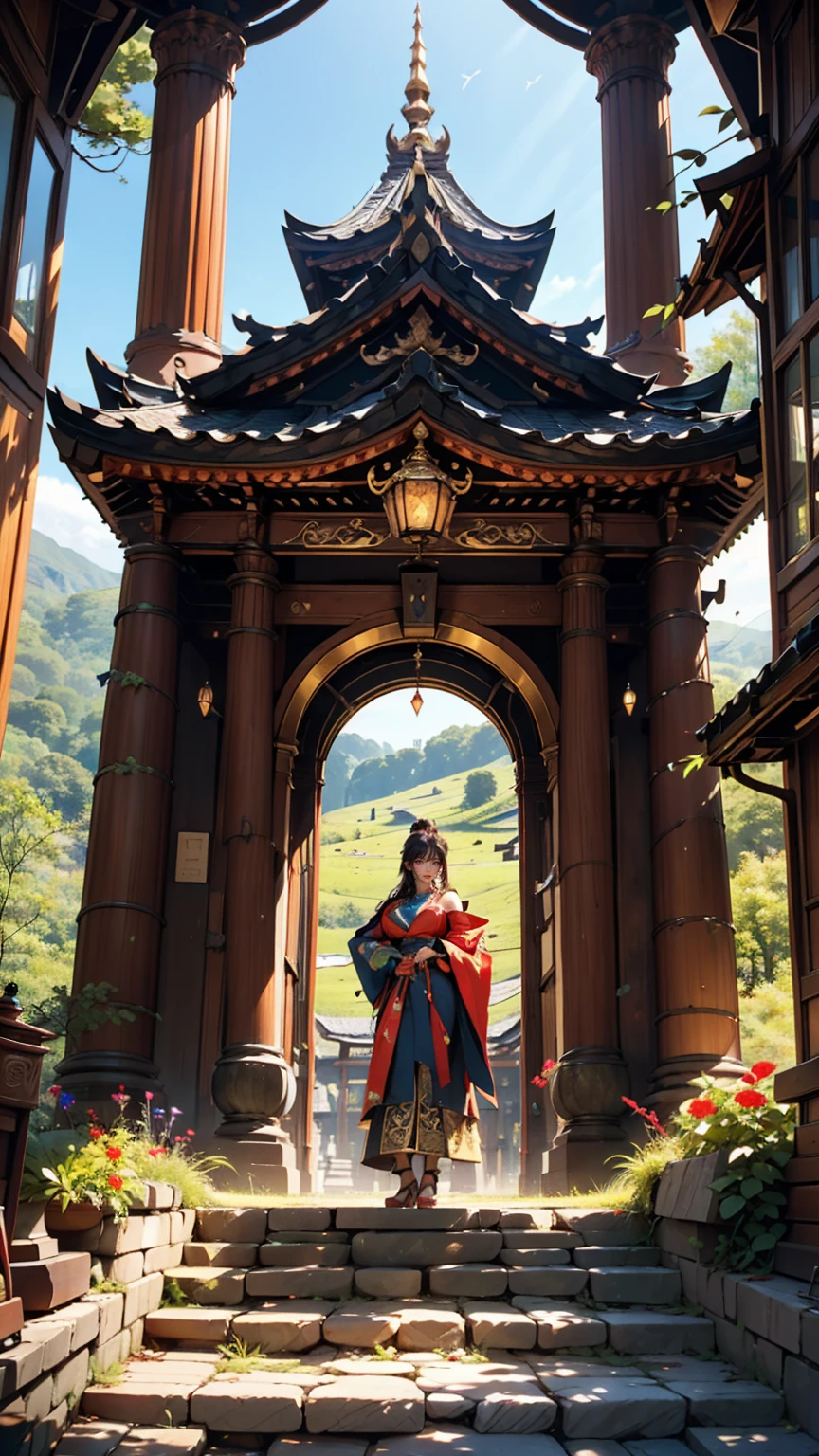 Located on the side of an old ancient mountain、A strange and ornate golden portal。There are several people around々is standing、It looks like they&#39;re setting up a research camp.。2 woman、Attractive Young Woman, (Beautiful Face:1.1), Detailed eyes, Seductive lips, (eye make up:1.2), (Medium chest:1.0), (Toned body:1.2), Sexy proportions、Narrow waist
