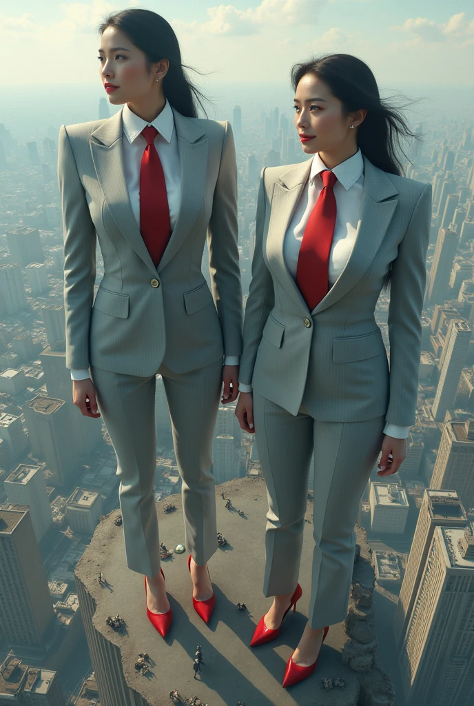 Aerial view of massive city, heels massive , looking down from above, two women, curvy, very hourglass figre, a pair of huge breasts, light grey pinstriped suit, white tailored shirt, (large red necktie, tied in Windsor knot) waist-length hair，Wearing a pair of red platform heels，distance shot, A look of enjoyment, Beautiful appearance, smile, (view from space) giga giantess multiple women, giga giantess, crushing city, young adults, curvy, a pair of huge breasts, slim, pinstriped suit，white tailored shirt, large Windsor knot red tie, Has ginger waist-length hair，Wearing a pair of platform heels，A look of enjoyment, Beautiful appearance, smile, satellite view of city, giga giantess