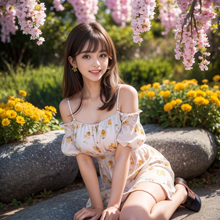 ((of the highest quality, 8K, masutepiece: 1.3, Raw photo)), Sharp Focus: 1.2, (1 AESPA Girl :1.1), Solo, (Realistic, Photorealistic: 1.37), (Face Focus: 1.1), Cute face, hyperdetailed face, short messy hair, Small Smile, slender, (Off-the-shoulder chiffon dress: 1.2), thigh, squatting, garden, flower, dahlia