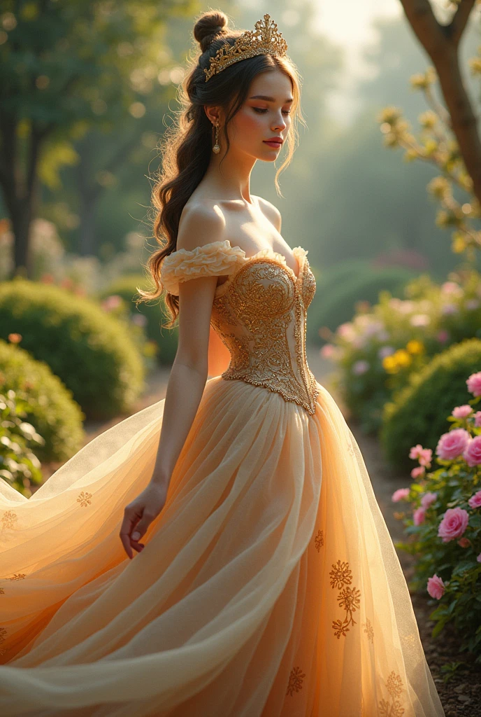 a beautiful princess with a beautiful and proclain skin and hands, in her gorgeous gown playing in the garden.
