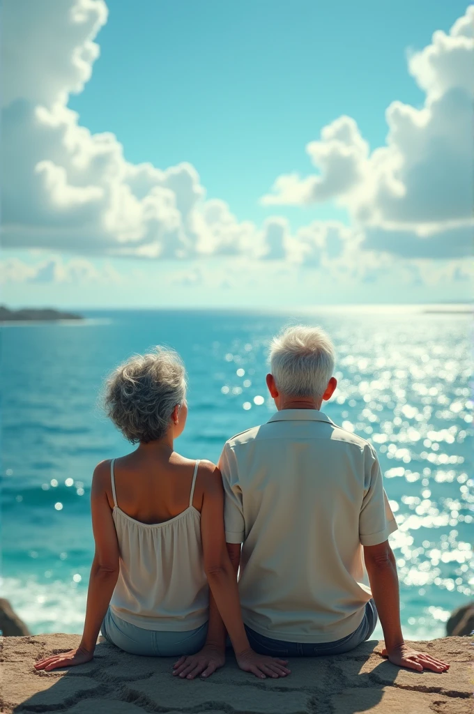 A retired Filipina Woman in her 60's resting near the sea, admiring the view with her husband 