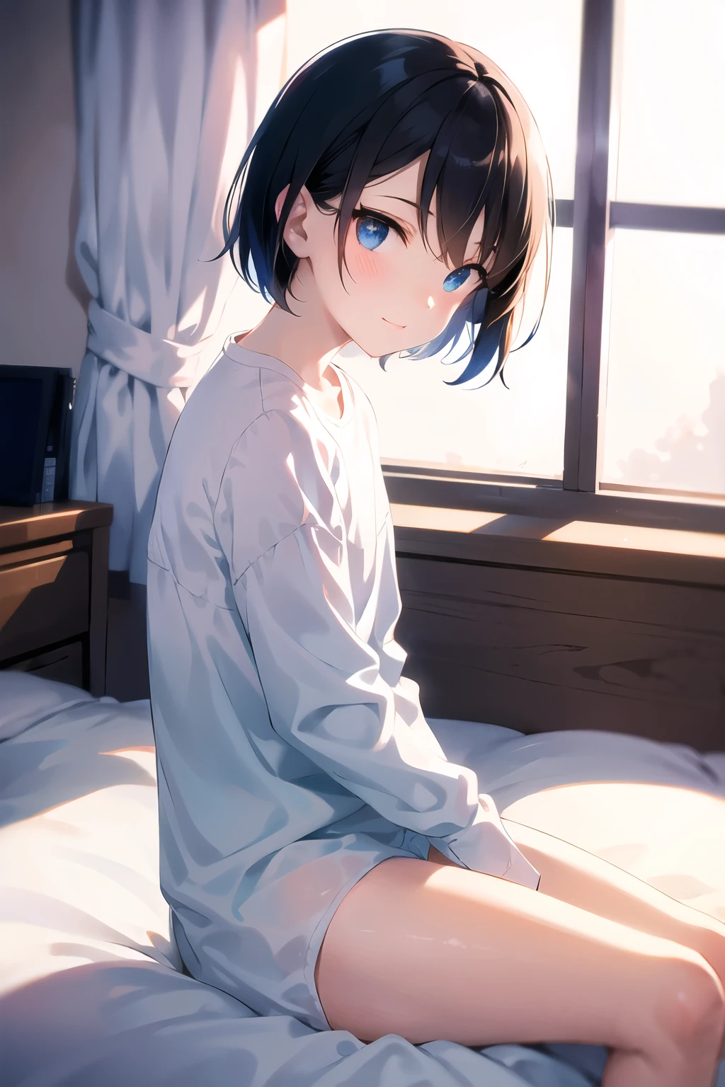 wariza，（​masterpiece，Highest Quality），()，((Long white T-shirt，Light short sleeve dress))，(A dark-haired，Medium bob)，Light pink eyes，embarrassed from，sleepy expression，Delicate body，Back lighting