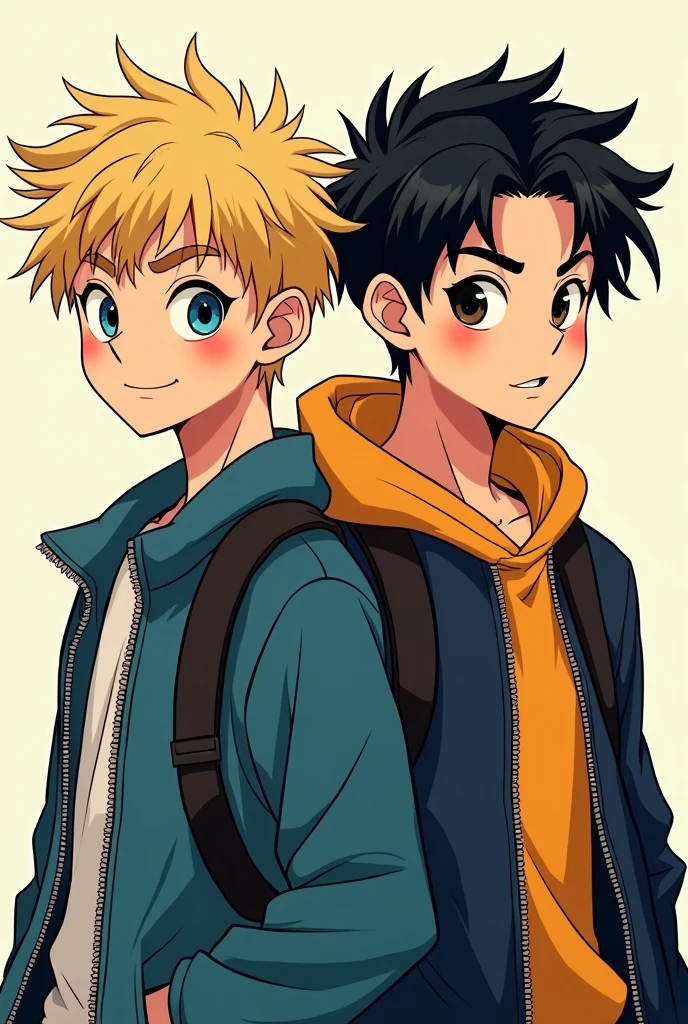 two guys. One has blonde hair and blue eyes, one has black hair and black eyes. Still at student age,drawn comic style.