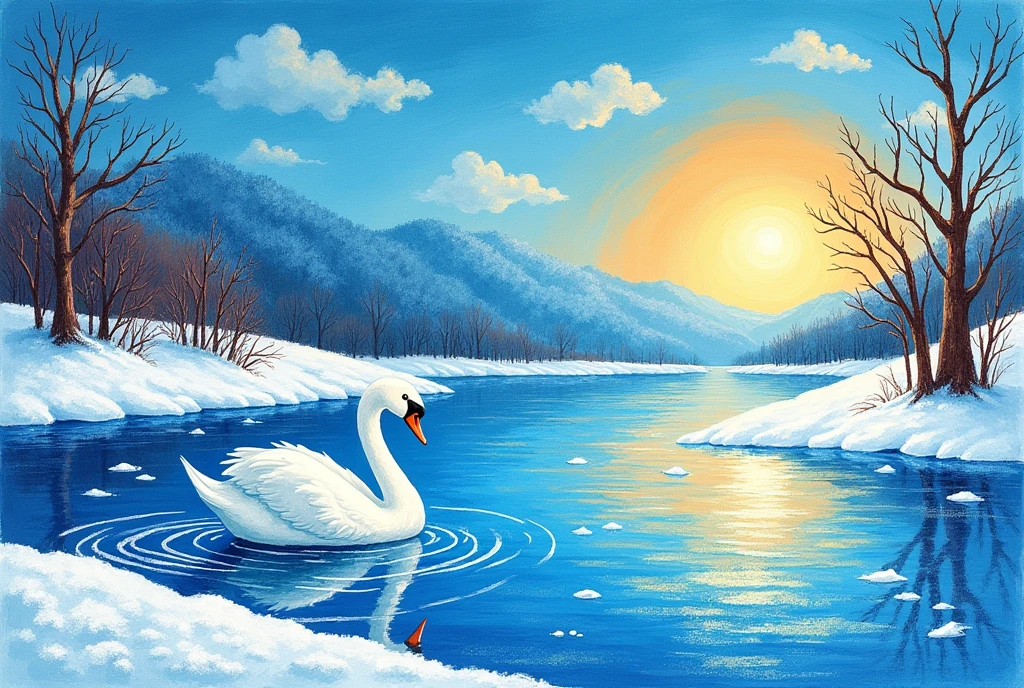 A snowy landscape drawn by a second grader with crayons, lake, 凍ったlake面, Reflecting Sun, blue sky, swan, Strong pen pressure,