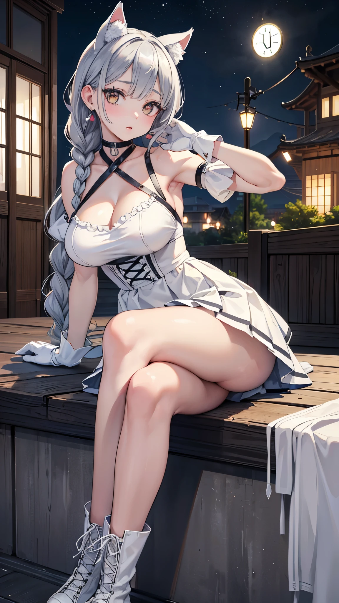 top quality,best resolution,(soaking wet的白色长旗袍),Super detailed, She has a white twin tail,20-year-old young girl,gorgeous的雕纹,Design intricate clothes,light eyes,she has earrings, wealth,gorgeous,Vision, Vision,Elegant and charming,Mildly curvy figure,((White transparent garter stockings)),((soaking wet,Soak in ancient Chinese hot springs,fairy world)),night,little lighting,posture