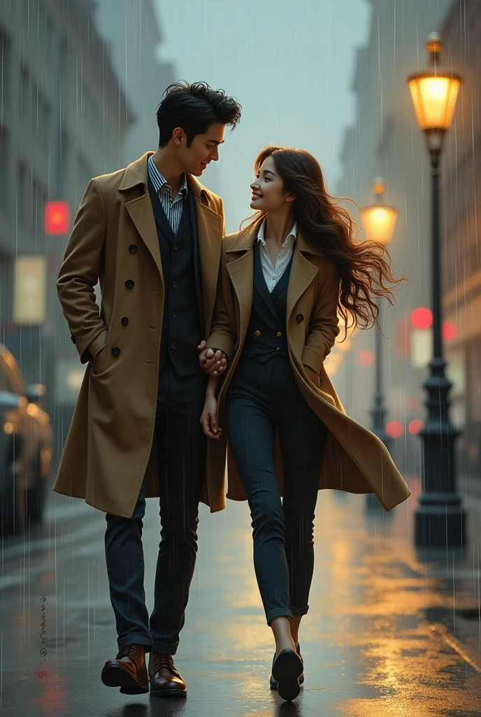 A 20 year old couple are walking in the rain in San Francisco. Smiling at eachother the man is white and  handsome chiseled jaw and tall has a korean styled perm haircut wearing a long coat. The woman has is white with long hair and brown hair wearing a blazer with formal pants. It’s raining and there is street lamps in the background  than man wanted to spin her. The picture is like a old painting 