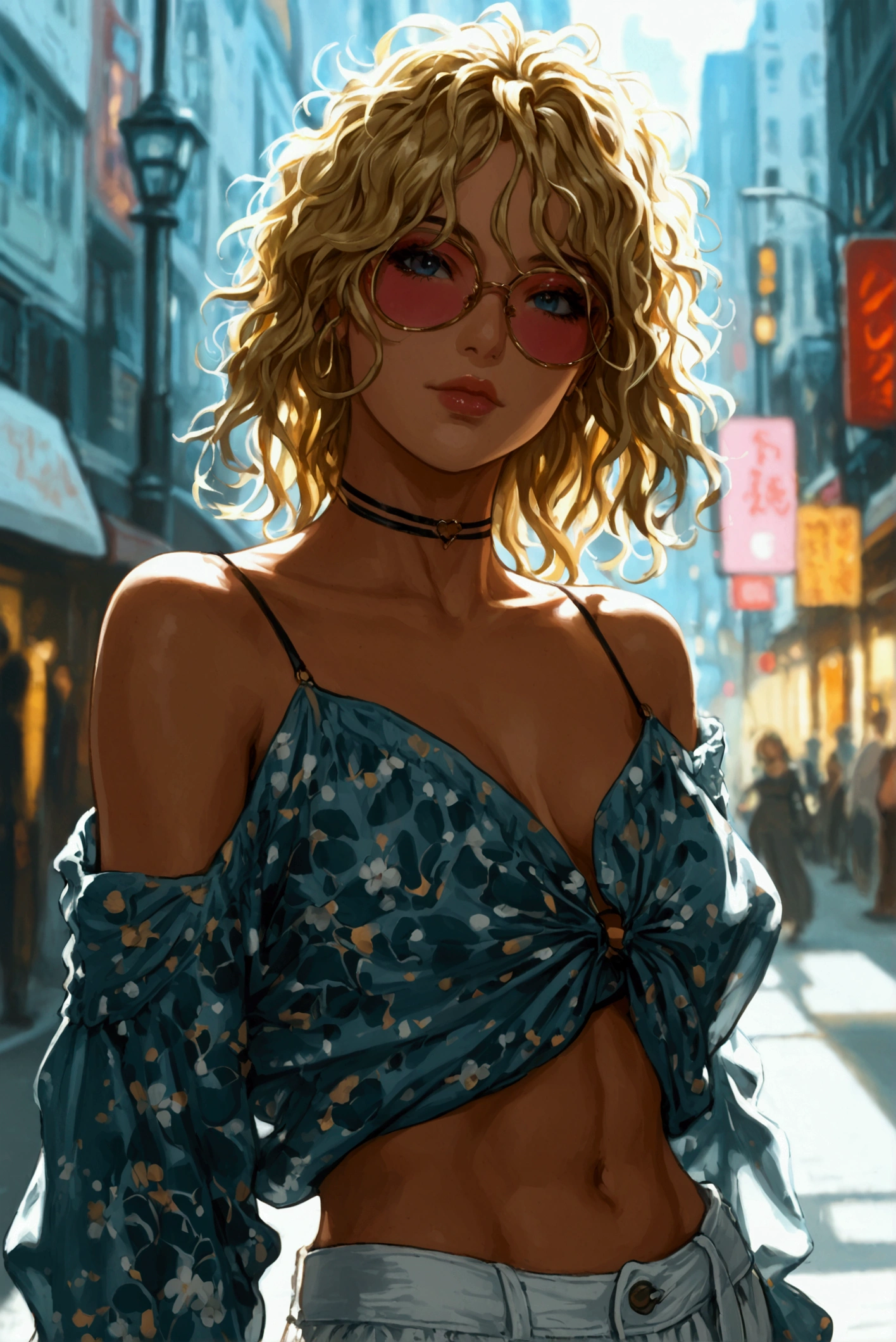 sexy girl, blonde messy hair, sexy, baggy shirt, baggy pants, white shoes, intricate details, full body , face focus , street, fashion photography , high quality , aesthetic fashion , dynamic pose , street , dynamic perspective