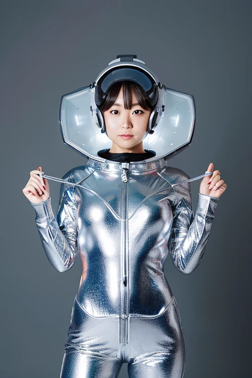 A Japanese girl posing in a silver metallic space suit, helmet and oxygen tank