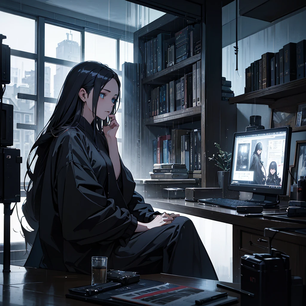 Dark indoor,Woman Without a Face,Sitting in front of a computer,artistic,Rain outside the window,1人,Long -niji 6 --aspect 1:1 --stylize 1536x1536--quality 1 --chaos 0y Greg Rutkowski,