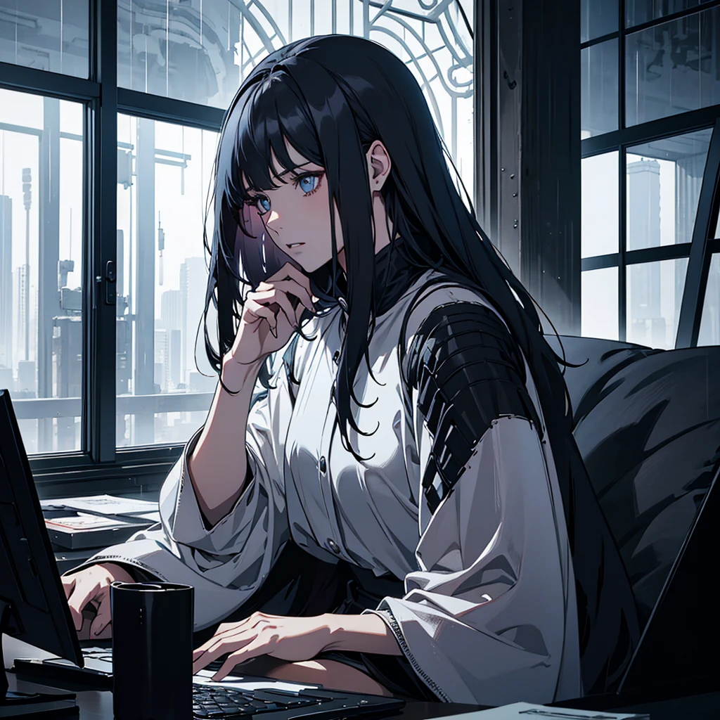 Dark indoor,Woman Without a Face,Sitting in front of a computer,artistic,Rain outside the window,1人,Long -niji 6 --aspect 1:1 --stylize 1536x1536--quality 1 --chaos 0y Greg Rutkowski,