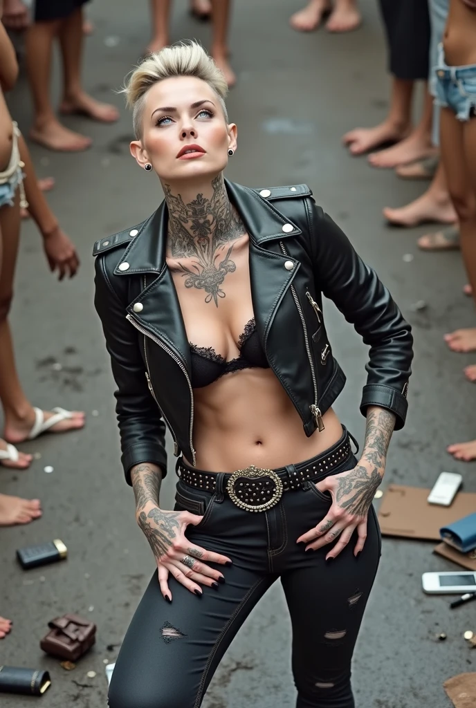russian milf woman, grey hair (high pompadour, top bun), with very light blue eyes, extremely pale skin. All neck tattooed. Hands and forearms all tattooed. Wearing cropped aged black moto jacket with lots of zippers and pins, flipped up collar.. black lace push up bra. Dark blue skinny jeans.. flip flops. Wide studded leather belt with oversized buckle. Dirty knees, dirty feet and muddy hands. Squatting on a puddle with hands on her hips, looking up, chin up, stretching her neck , humble facial expression. Black nail polish. studded black leather tote bag with chain on the floor, next to her.. Listening with tilted head,looking up in amazement to somebody speaking to her from the sky, upper teeth visible. Well toned abdominals, thin neck, slim legs and thin arms. Narrow hips Cleavage, stomach, neck, and hands completely covered with tattoos. Dirt street in Kenyan village full of waste. Lots of silver bracelets, silver pendants, and big pearl collars and necklaces around all the neck. A lot of tanned fat women in traditional dresses around looking at her. next to her, all her belongings scattered on the floor: tobacco packs, makeup kit, little makeup mirror, studded black leather tote bag, lipstick, wallet, moble etc on the floor, point of view; from above