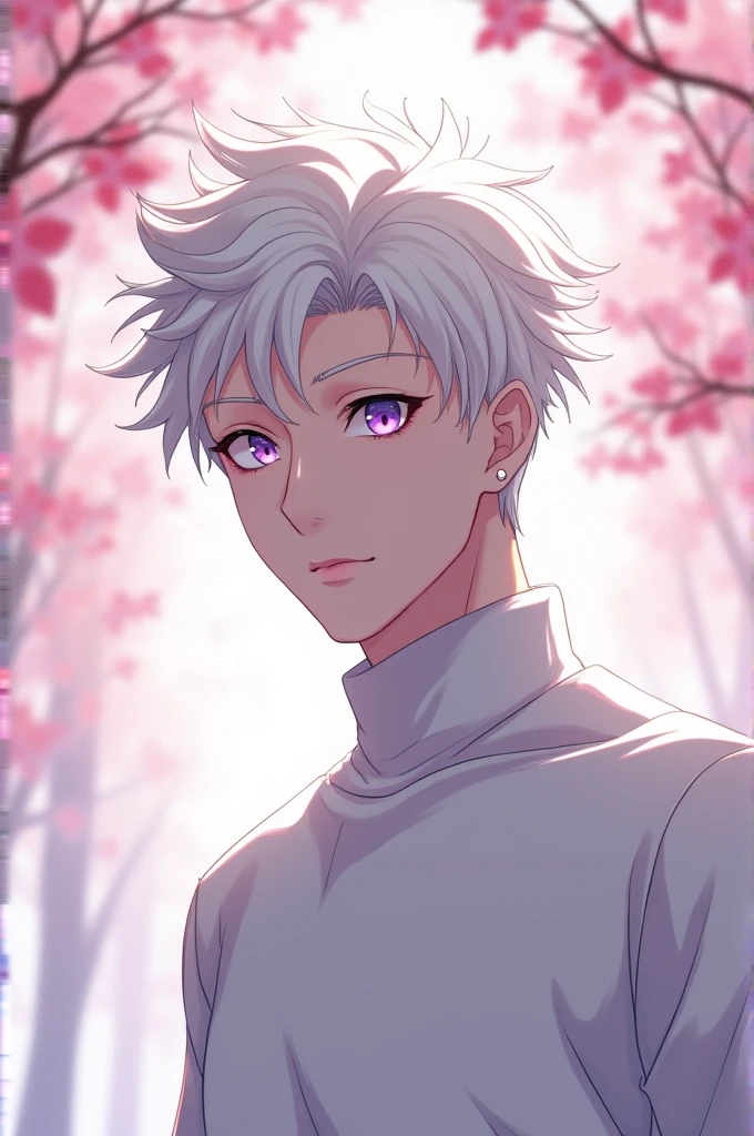 anime character, White hair, spiky hair, Pale skin, purple eyes, Long white eyelashes, male, muscular, white small earrings, big glossy lips, cherry blossom trees, grey eyebrows, white sweater,