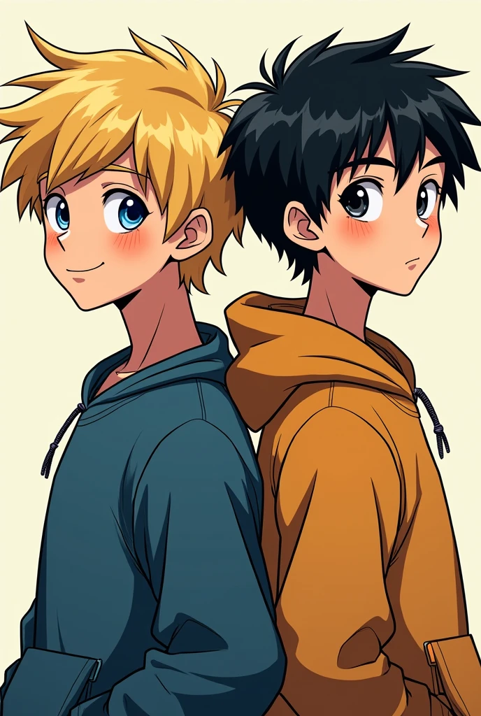 two guys. One has blonde hair and blue eyes, one has black hair and black eyes. Still at student age,drawn comic style.