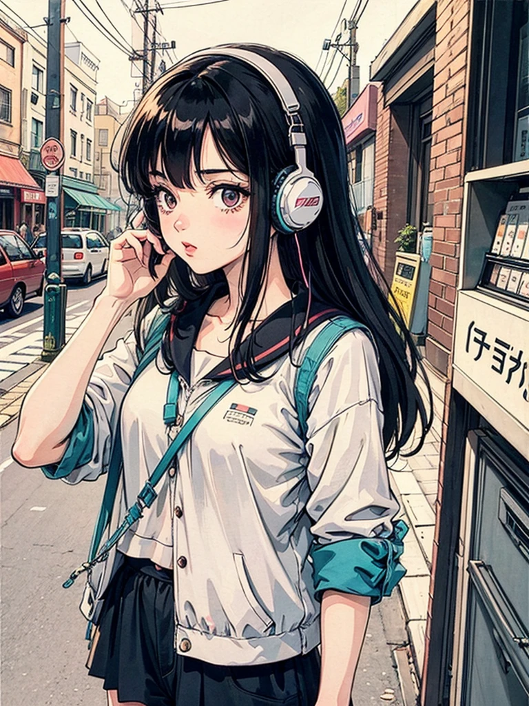 1 girl, 80s anime style, I have headphones on, coffee, Retro, Lo-Fi
