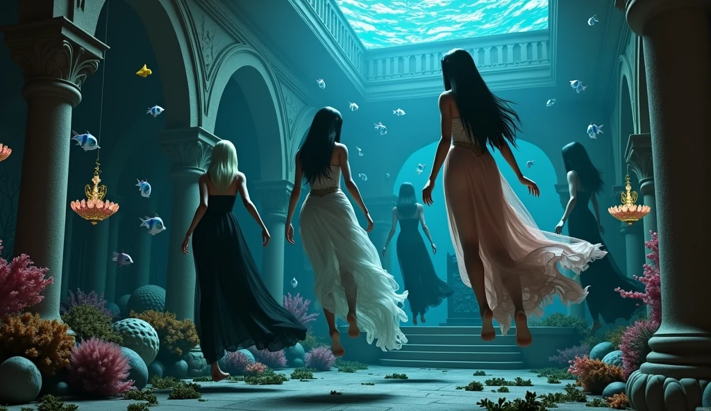 "A full-body shot of a (extra wide angle 1:1) in a dark low light deep sea medeval ballroom in an old gothic palace that has gone under the sea. Super-big ballroom. 2 queen twin sisters curled up and their 5 girlfriends swimming randomly, waiving theyr arms in the sea. Surrounded by coloured fishes. Swimming with body upside down, body posed horizontally, swimming with body posed vertically, swimming down, swimming up. The queens have a big light-colored eyes, black super-long long hair. Their girl-friends have a long hair also blue and green perfect detailed eyes.Their wering black dresses. Pink and gold dresses. Dresses in many layered lace and shiffon torne and ripped. ( perfect hands, five fingers on each hand.) Small breasts cleavage, (hyper realistic perfect eyes 1:1). White perfect skin. Queens surrounded by Perished under-water palace 1:1 Wearing a layered black, white and gold ballroom dresses with lace and shiffon. On the bottom of the sea are golden crowns, adorned with pink crystals 1:1. Bright colourd fishes swimming arround. Corals, seamoss. Octopus. The scene a beautiful empresses dead, their long hair flowing every way, in their face. Sad. (Best Quality Detailed faces)1:1. A medieval fairytale vibe, with a big black intricate throne in a corner with tonns of seamoss and seeweed on it, a broken medeval chandelie scattered all around. In a fantastic scene that uses detaled realistic 3D model. Big gold gothic medieval five armed candlesticks-no light sit on a blacktable on the seafloor, crystal wine glasses on the sea floor broken The entire setup is Best Quality, masterpiece 1:1, capturing the essence of a beautiful dead girls, fantastical gothic setting, Dark deep sea Low lighting under neath. (8K).