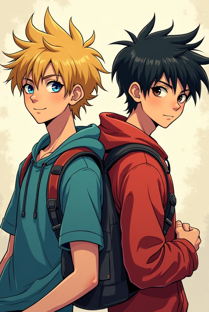 two guys. One has blonde hair and blue eyes, one has black hair and black eyes. Still at student age,drawn  comic style.