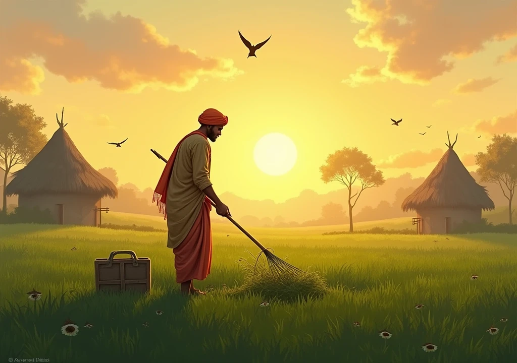 "A peaceful, picturesque Indian village at sunrise, surrounded by lush green fields. The scene shows a diligent farmer named Kishan, dressed in traditional Indian attire, working in his field with simple farming tools. The atmosphere is serene, with golden morning light bathing the fields, and birds flying in the sky. Traditional huts with thatched roofs are visible in the background."