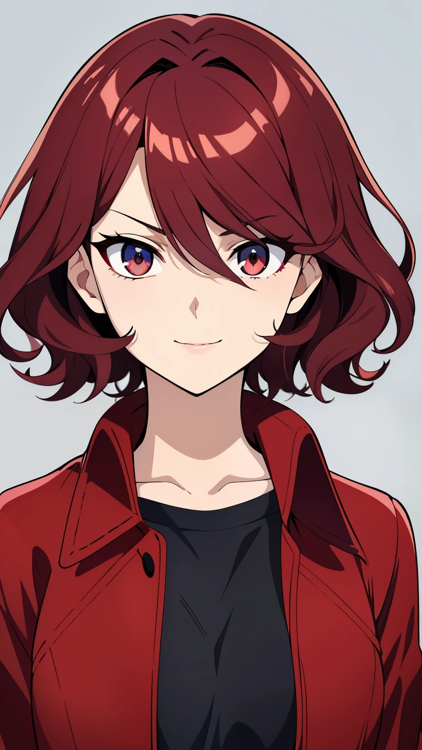 (high-quality, breathtaking),(expressive eyes, perfect face) 1girl, female, solo, young adult, feminine face, crimson red color hair, dark blue eye color, fluffy wavy hair, short hair length, Symmetrical Eyes, portrait, half body, cute smile, grey background, hair between eyes, black shirt, red jacket, tomboy
