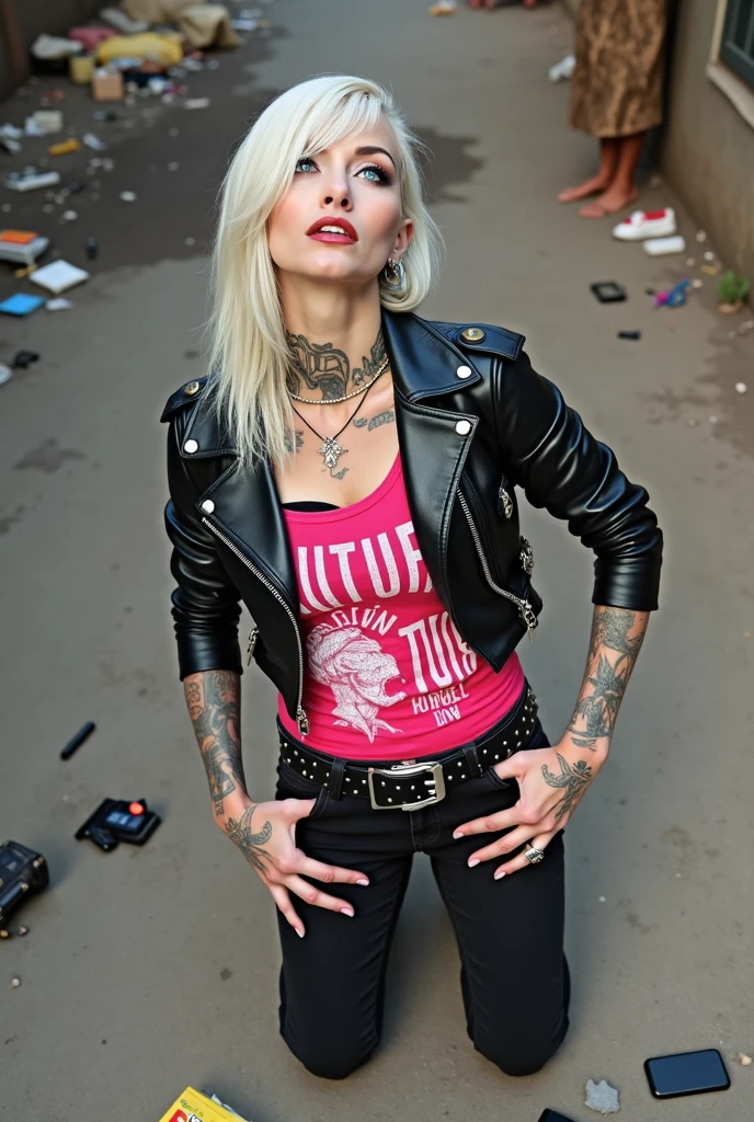 russian milf woman, grey hair (high pompadour, top bun), with very light blue eyes, extremely pale skin. All neck tattooed. Hands and forearms all tattooed. Wearing cropped aged black moto jacket with lots of zippers and pins, flipped up collar.. black lace push up bra. Dark blue skinny jeans.. flip flops. Wide studded leather belt with oversized buckle. Dirty knees, dirty feet and muddy hands. Squatting on a puddle with hands on her hips, looking up, chin up, stretching her neck , humble facial expression. Black nail polish. studded black leather tote bag with chain on the floor, next to her.. Listening with tilted head,looking up in amazement to somebody speaking to her from the sky, upper teeth visible. Well toned abdominals, thin neck, slim legs and thin arms. Narrow hips Cleavage, stomach, neck, and hands completely covered with tattoos. Dirt street in Kenyan village full of waste. Lots of silver bracelets, silver pendants, and big pearl collars and necklaces around all the neck. A lot of tanned fat women in traditional dresses around looking at her. next to her, all her belongings scattered on the floor: tobacco packs, makeup kit, little makeup mirror, studded black leather tote bag, lipstick, wallet, moble etc on the floor, point of view; from above