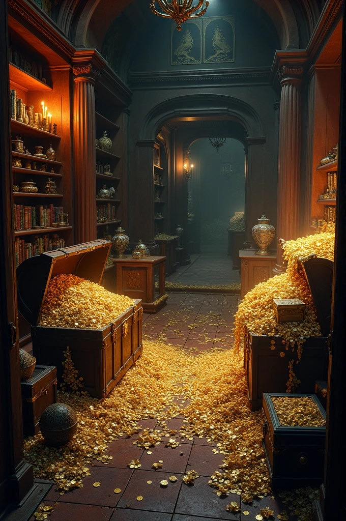 **Prompt**: A dimly lit secret room in a mansion filled with treasure chests, overflowing with gold coins, jewelry, and ancient artifacts.